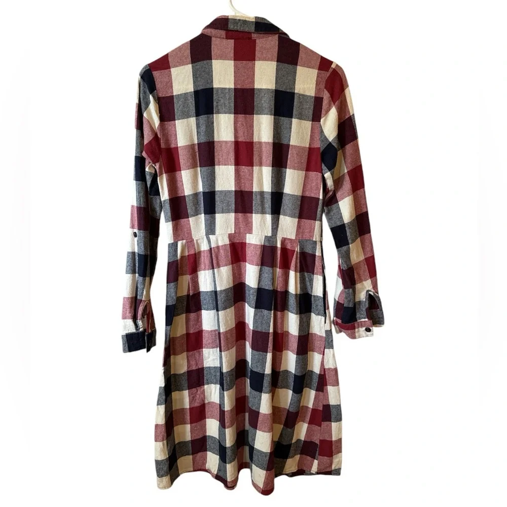ModCloth Plaid Shirt Dress Medium | Button Front Fit & Flare Pockets Red Blue - Picture 4 of 10